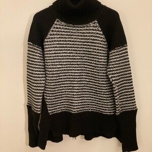 Karen Millen Black and Gray Striped Turtleneck Sweater with Metallic Accent.